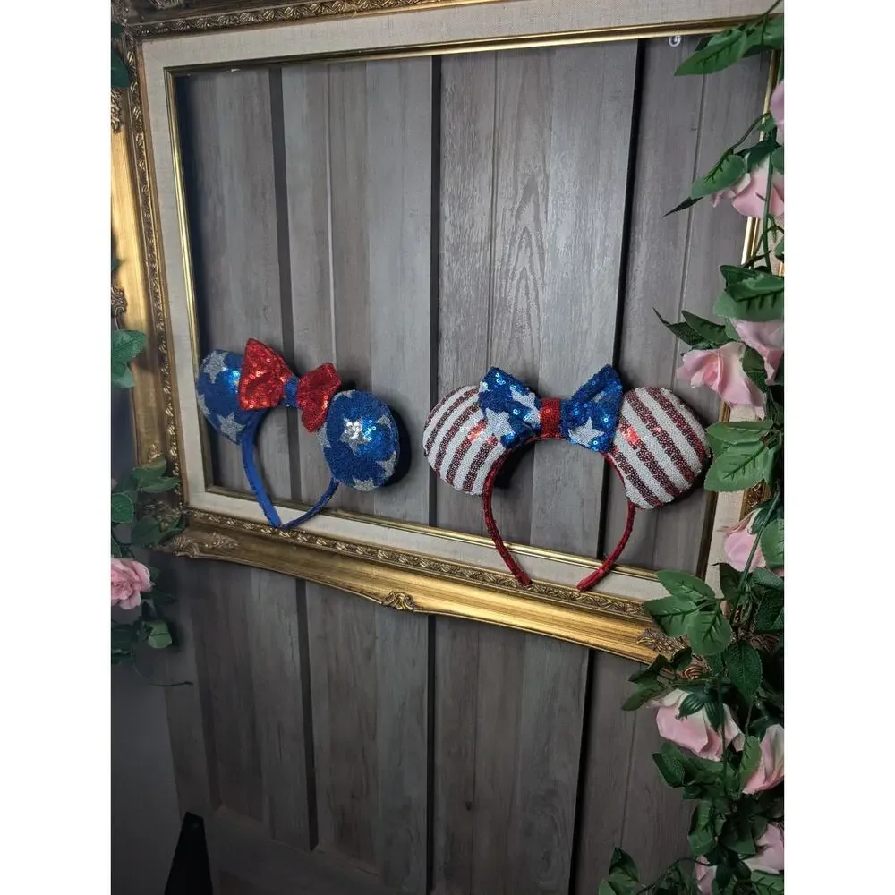 Disney Minnie & Mickey Mouse Sequin Bow Ear Headband Blue Purple Red Stars - Picture 5 of 6